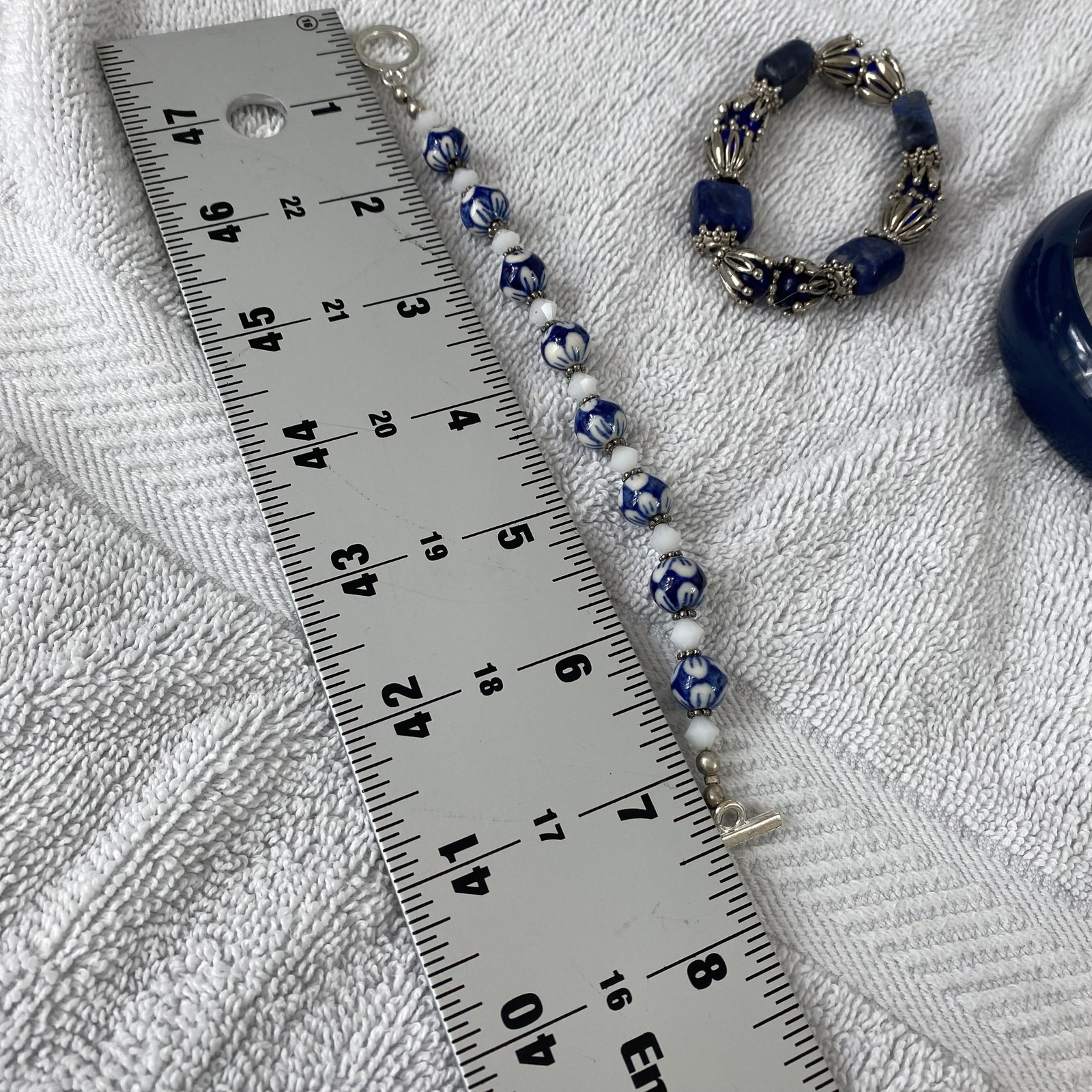 Blue Womens Bracelet Set Lot Of 3 Bangle Gemstone Porcelain Beads Boho 7.8 In