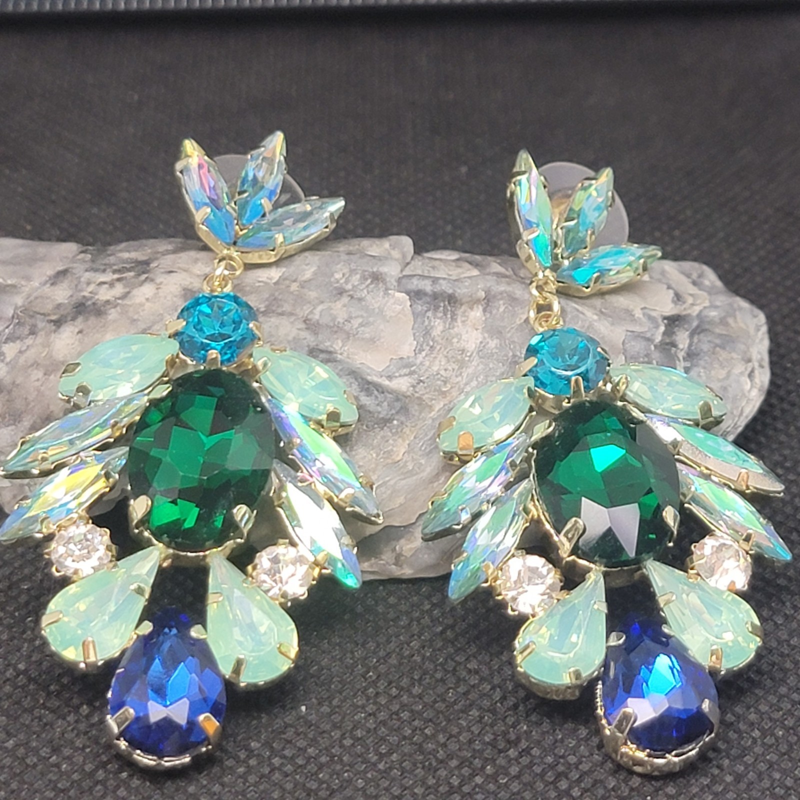 Pierced Dangle Drop Earrings Green Blue Rhinestone Gold Tone Floral