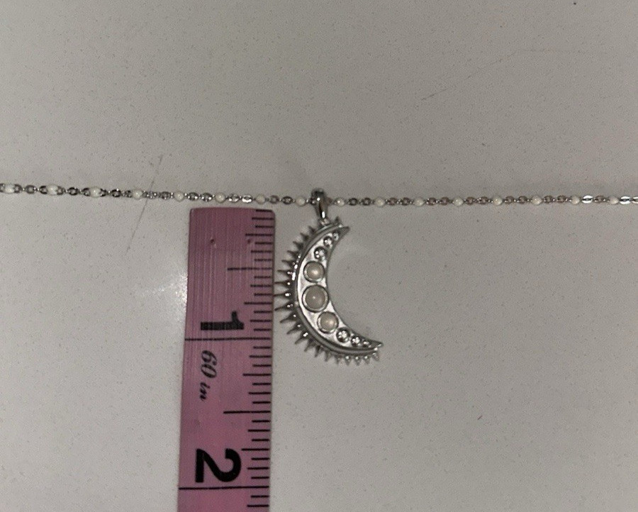 NEW Awe Inspired silver crescent moon moonstone necklace w white enamel chain