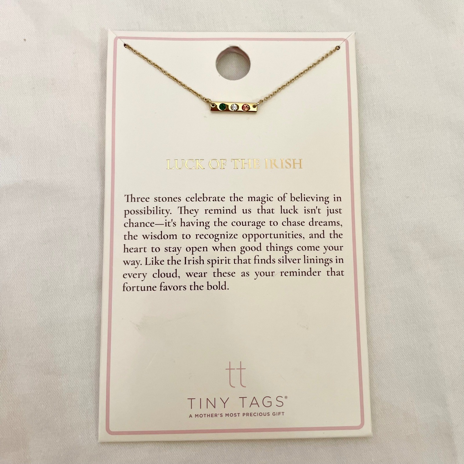 Tiny Tags Luck of the Irish Gold Tone 3 Stone Bar Necklace NEW