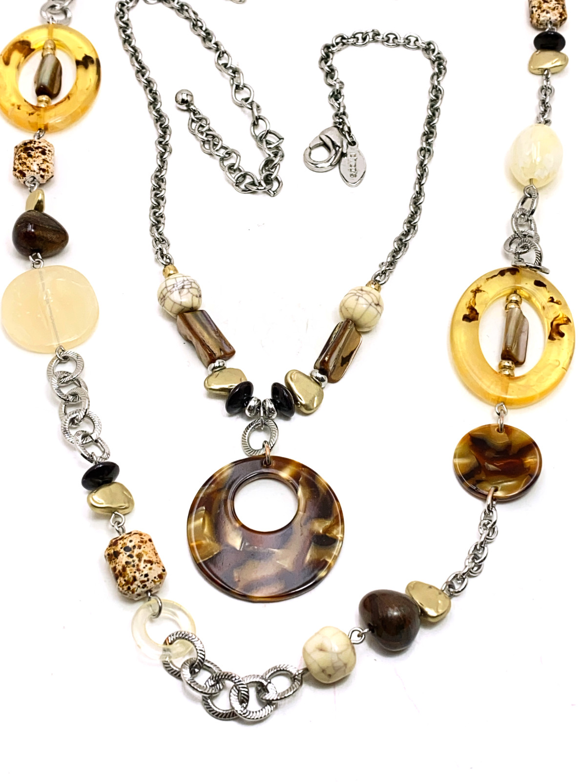 CHICOs Necklace 2 in 1 Convertible Faux Tortoise Brown Silver Lucite Bead 35 in