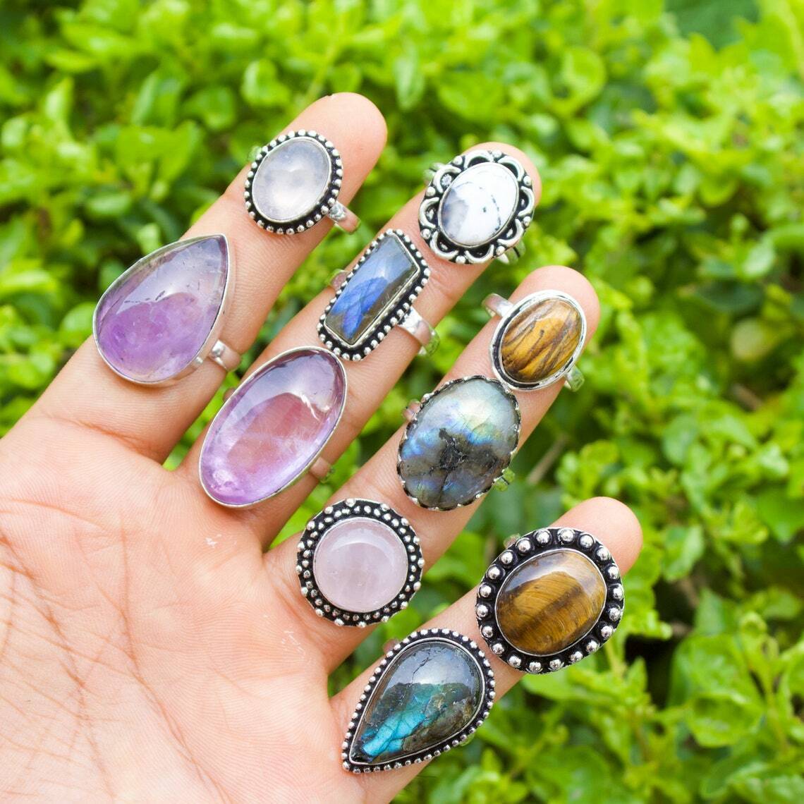 Anxiety Mix Gemstone Rings Lot~925 Sterling Silver Plated Stackable Worry Rings~
