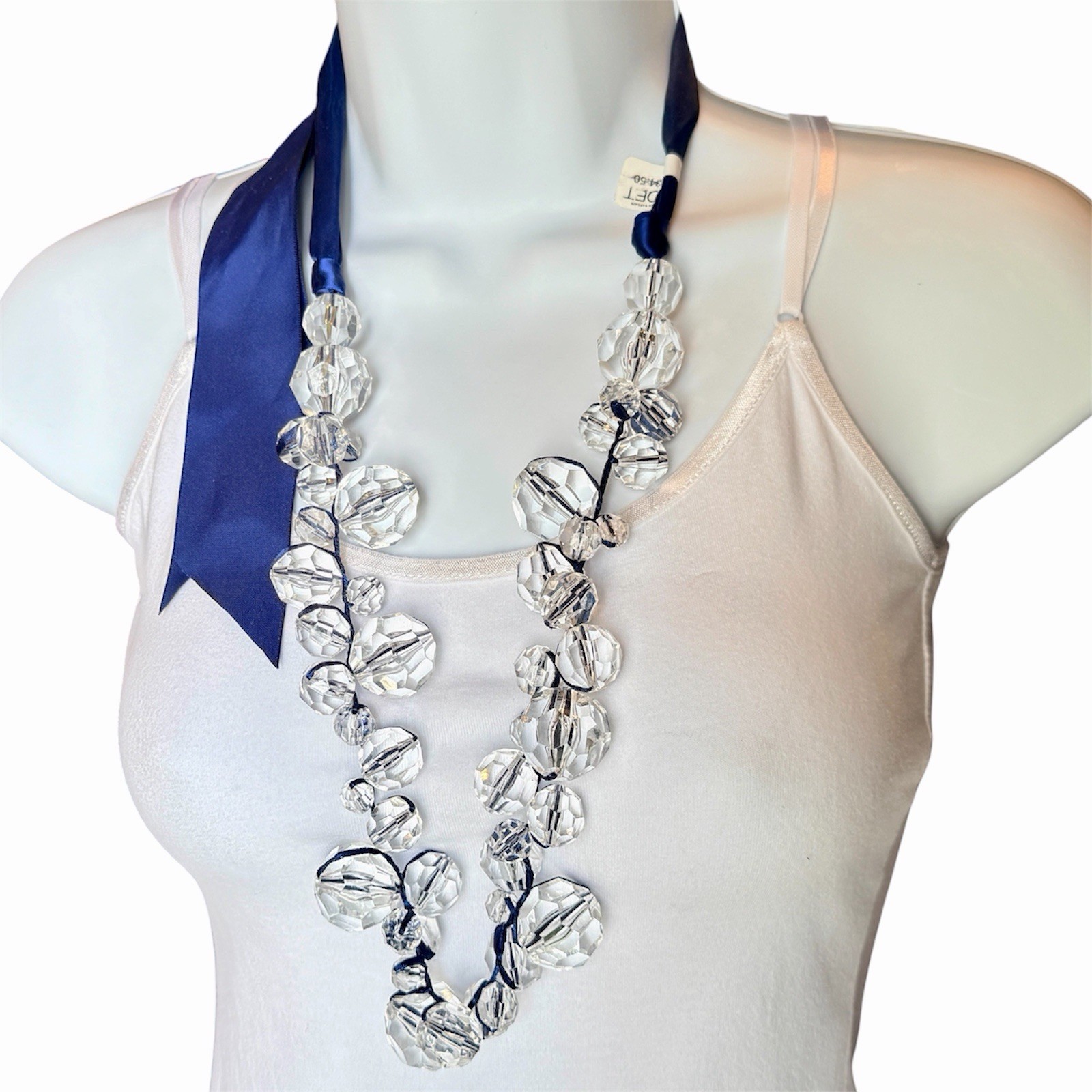 LOFT Necklace Faceted Acrylic Crystal Drop Royal Blue Ribbon Tie Belt Adjust NEW