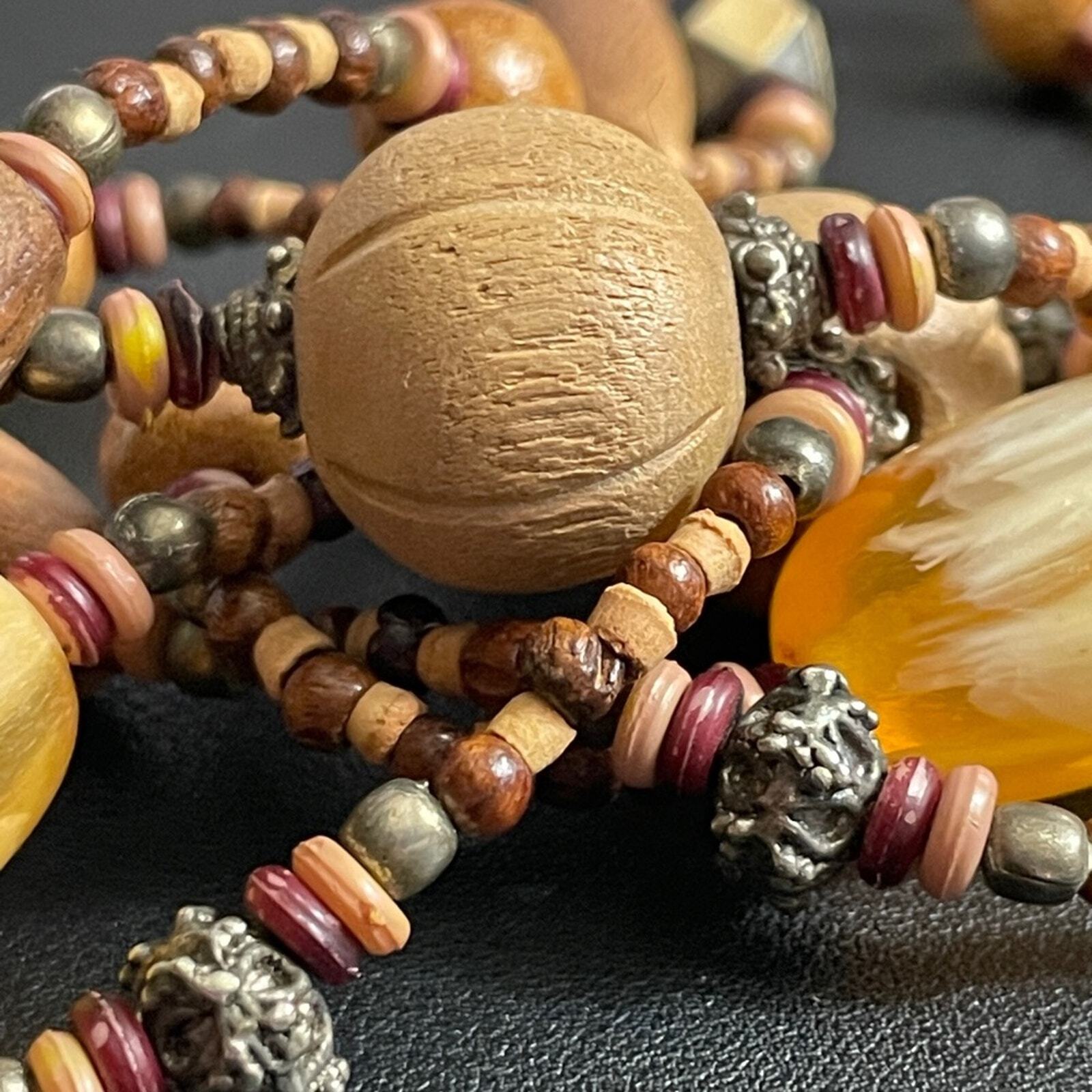 Vintage Wood Metal & Faux Amber 42″ Long Bead Necklace