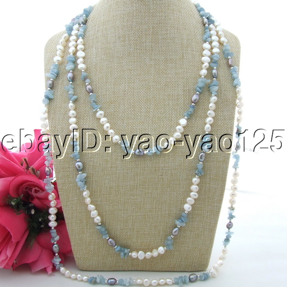 93″ White Baroque Pearl Blue Aquamarine Necklace