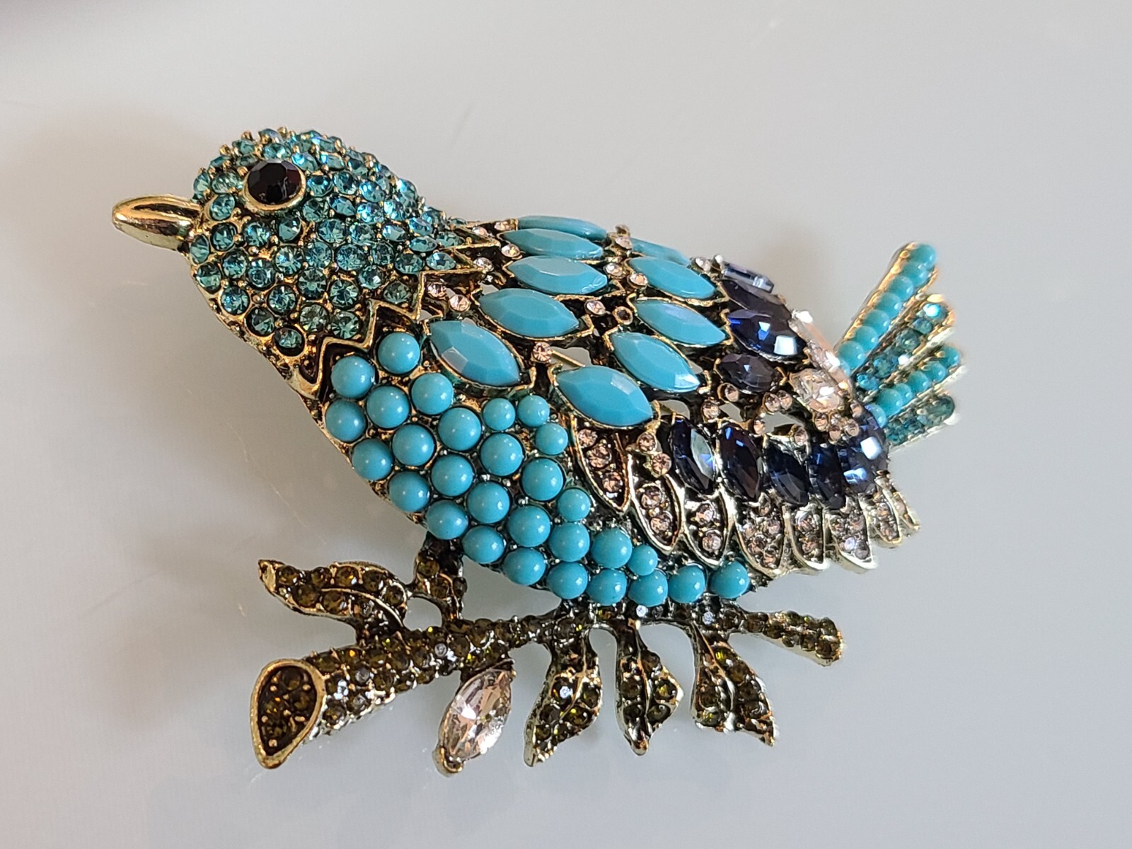 FAB HUGE 3.75″ New UNSIGNED I DESIGNER MARQUISE RHINESTONE BLUE BIRD PIN