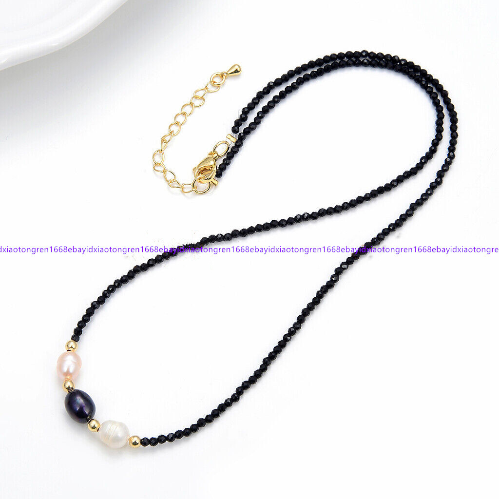 3mm Faceted Black Spinel 8-9mm White Pink Black Rice Pearl Necklace 18-28 Inch