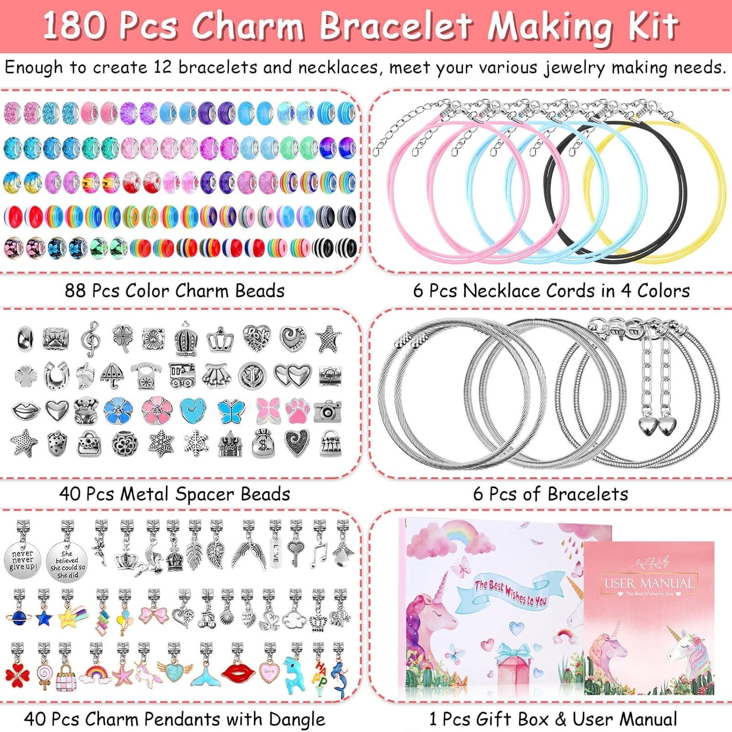 Kit de pulseras con dijes para hacer pulseras cuentas para niñas,adultos 180PCS