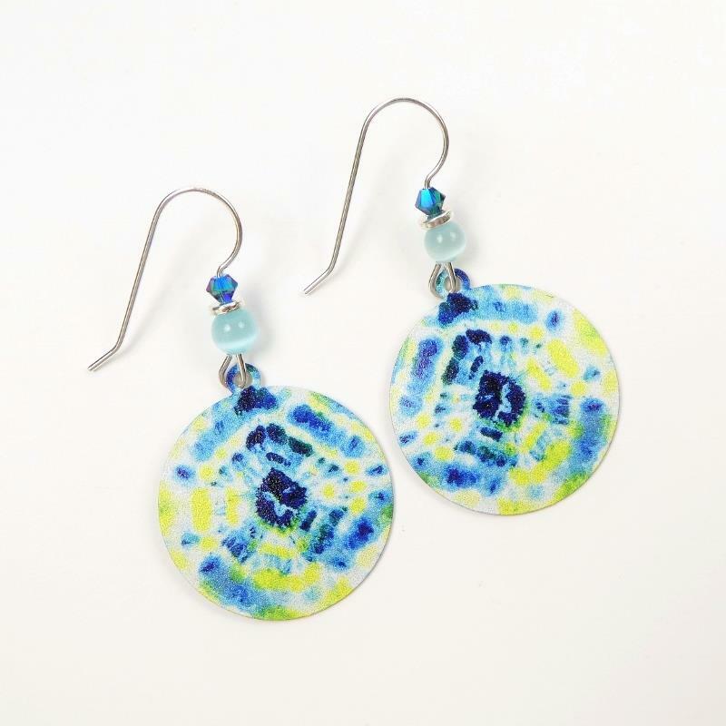 Adajio Earrings Sterling Silver Hook Yellow and Blue Tie Dye Disc Handmade 8014