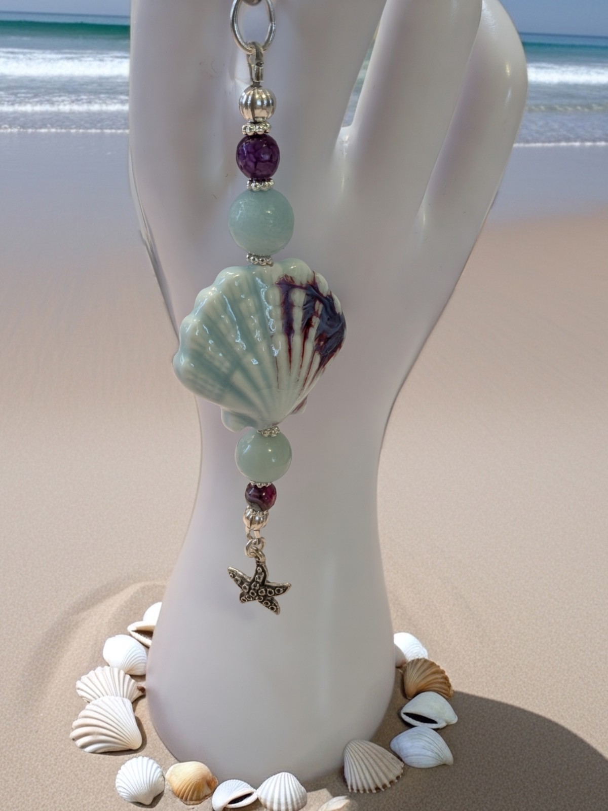 Beachy Sea Shell, Amazonite and Starfish Keychain Purse Tassel – Ocean Inspired