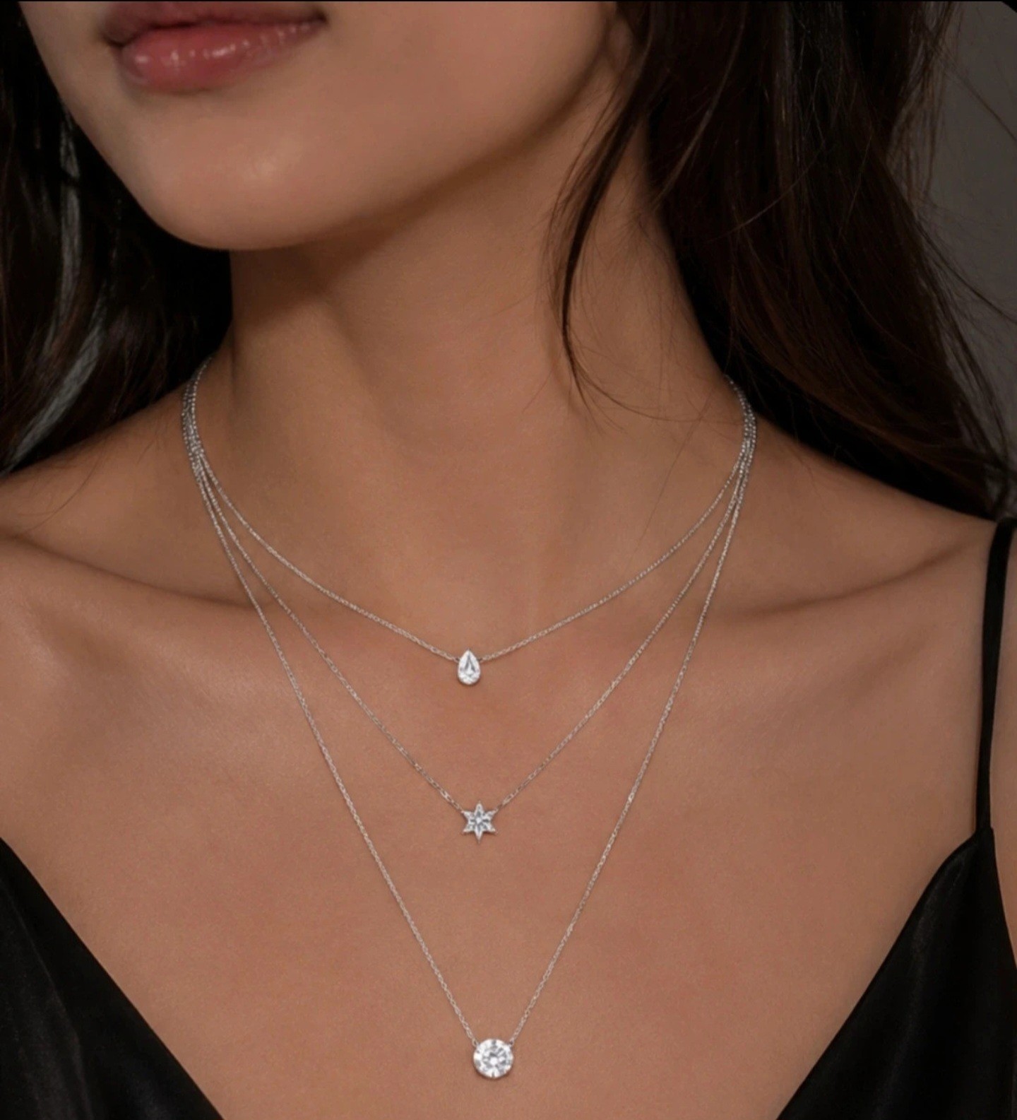 Silver Tone Layered Chain Necklace, Star Teardrop & Round Crystal Charms