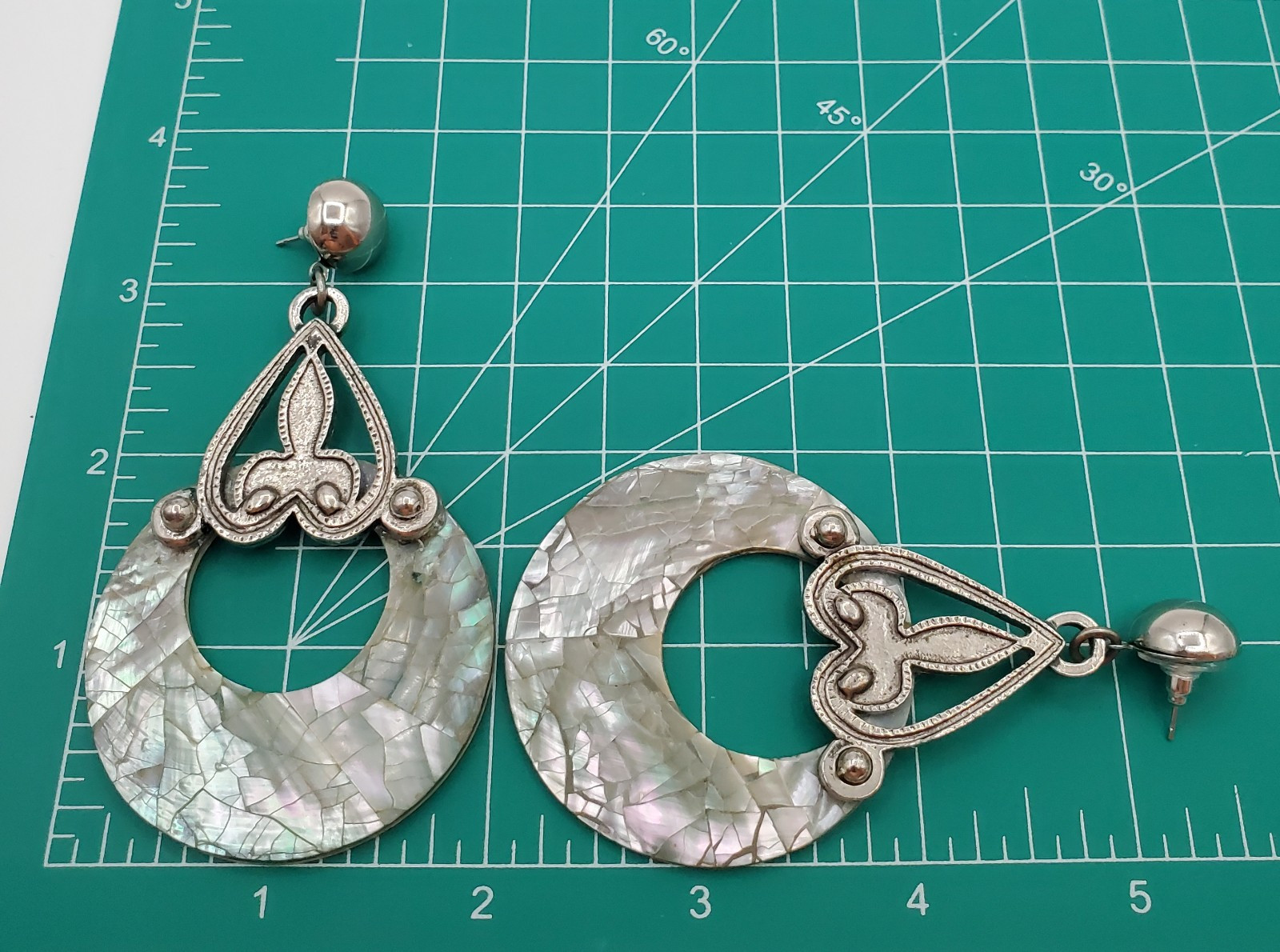 DLH Depose Earrings 3.5in Huge Pewter Iridescent Mosaic MOP Abalone VTG Estate
