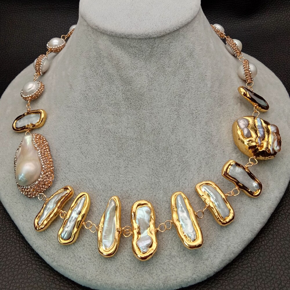 20″ Freshwater White Keshi Biwa Pearl 24 K Yellow Gold Plated Necklace