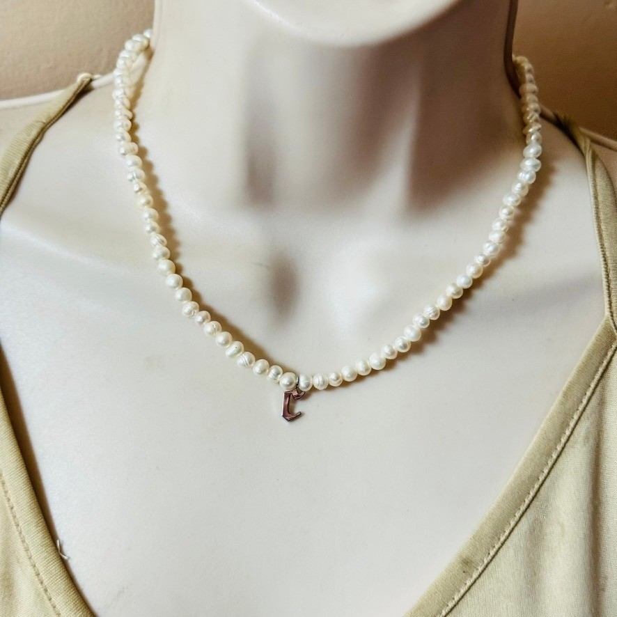 Dalmata Initial goth letter C Pearl Necklace silver plated Freshwater choker 21″