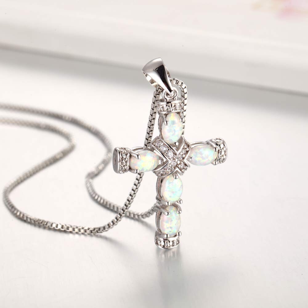 Hawaii White Fire Opal Cross Necklace pendants Silver Filled Women Girls Charm