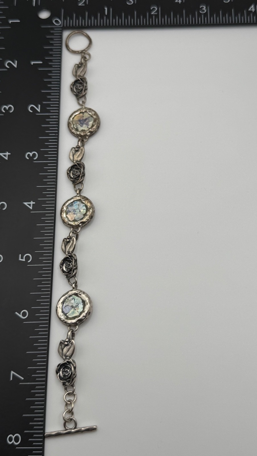 Luli Hamersztein Sterling Silver Roman Glass Rose Flower Toggle Bracelet