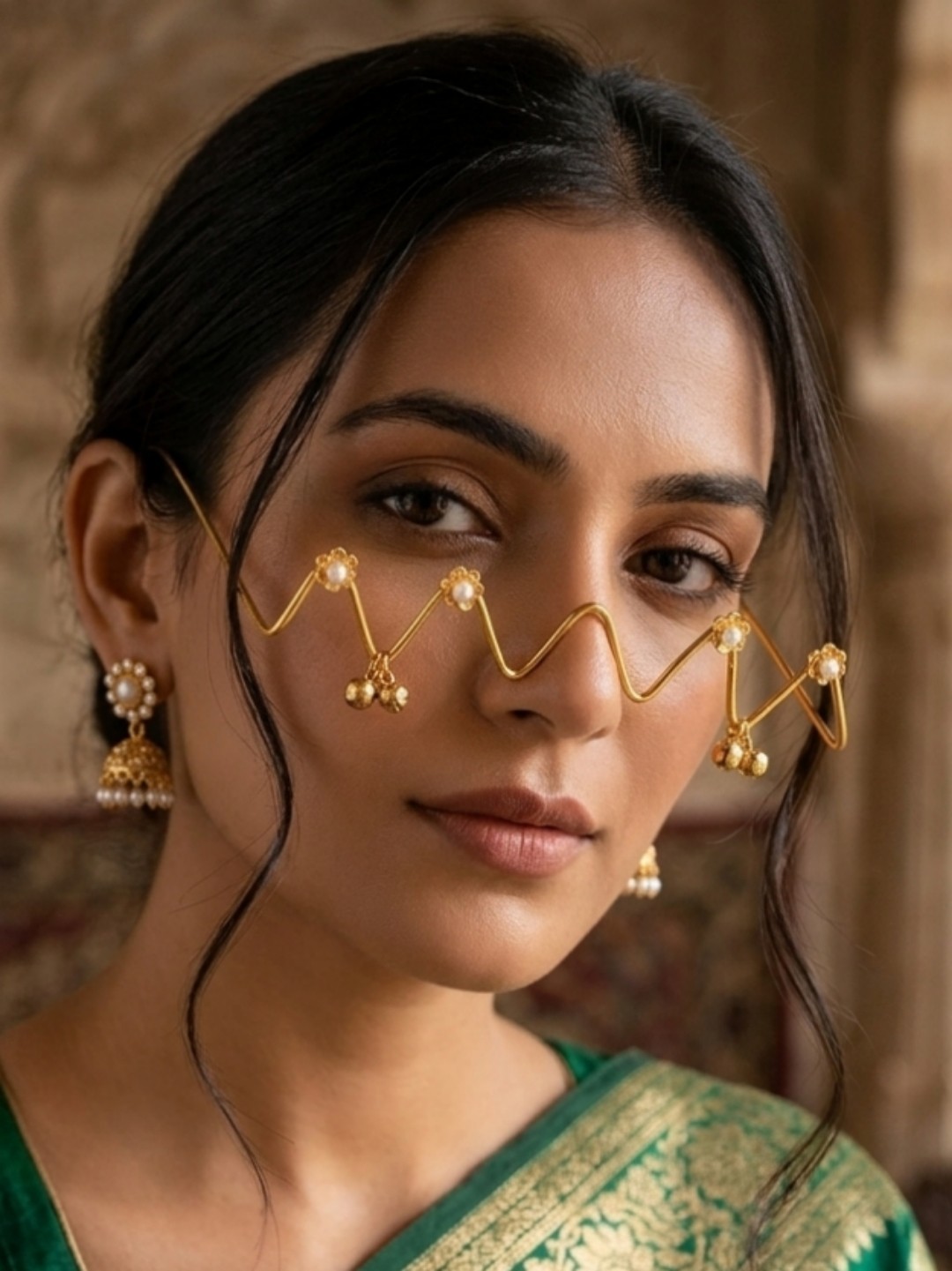 Gold Wire Pearl Wave Face Jewelry Handmade Boho Statement Eye Accessory Facelet