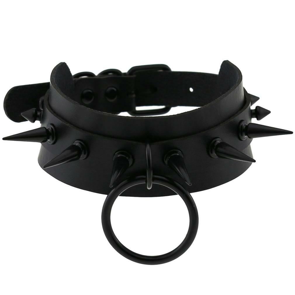 Women O Ring Neck Collar Chain Gothic Punk Studded Pu Leather Choker Necklace