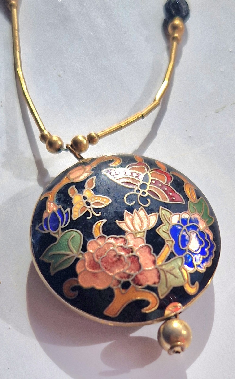 Vintage Gold-Tone Cloisonné Necklace Round Floral & Butterfly Enamel Pendant