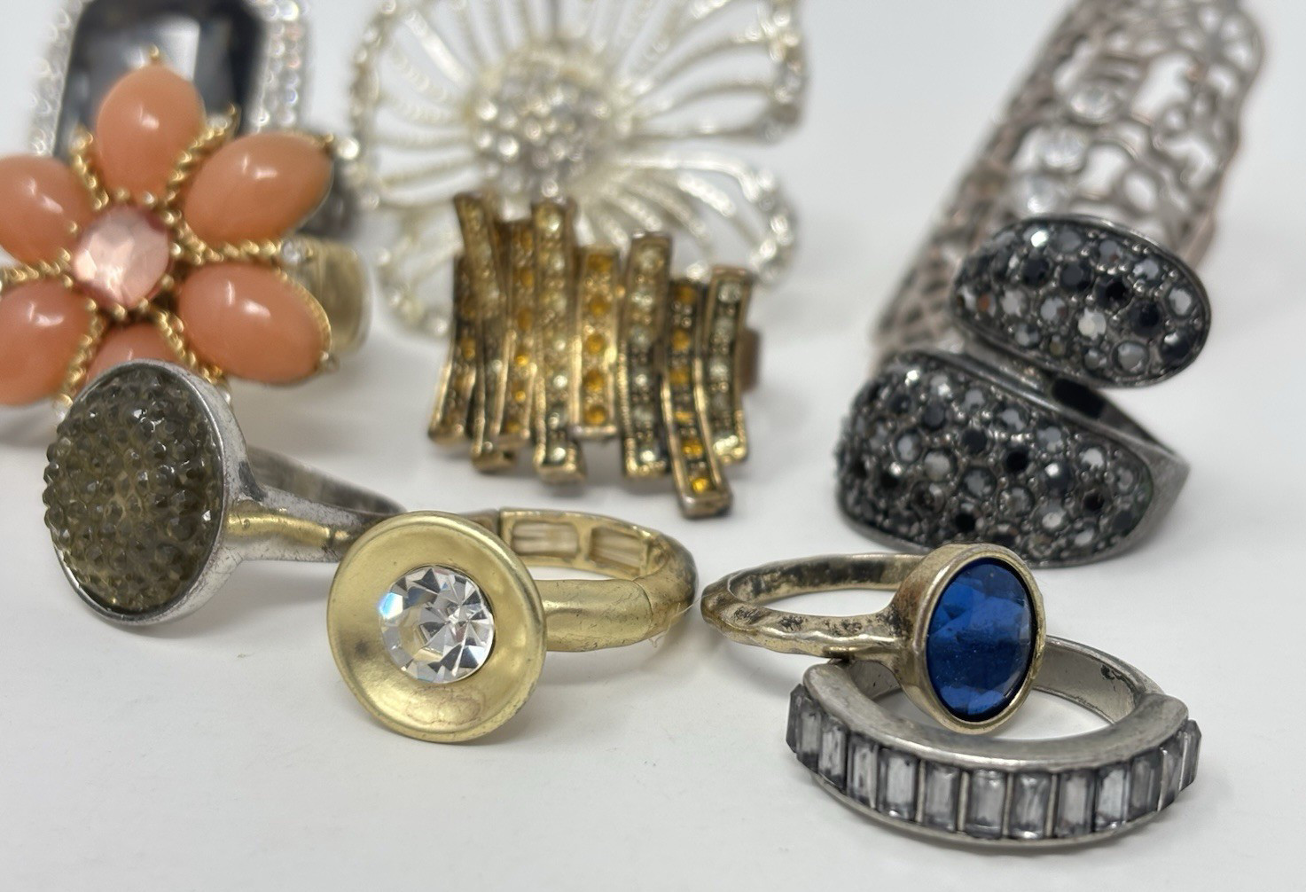 Rhinestone Cocktail Statement Costume Ring lot (15) Rings Mixed Flower Oversized