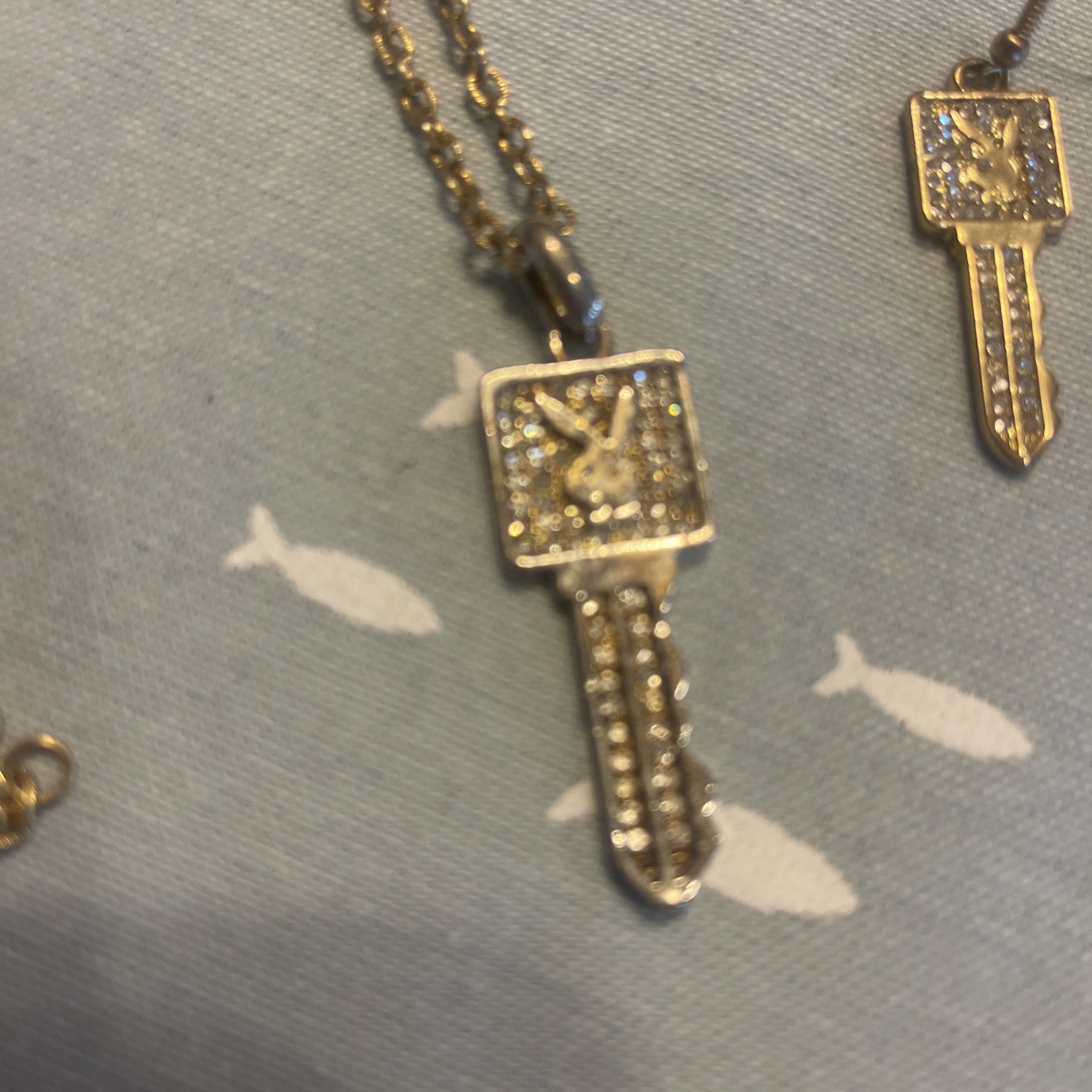 Gold Color Play Boy Bunny Charm Necklace & Earrings Set