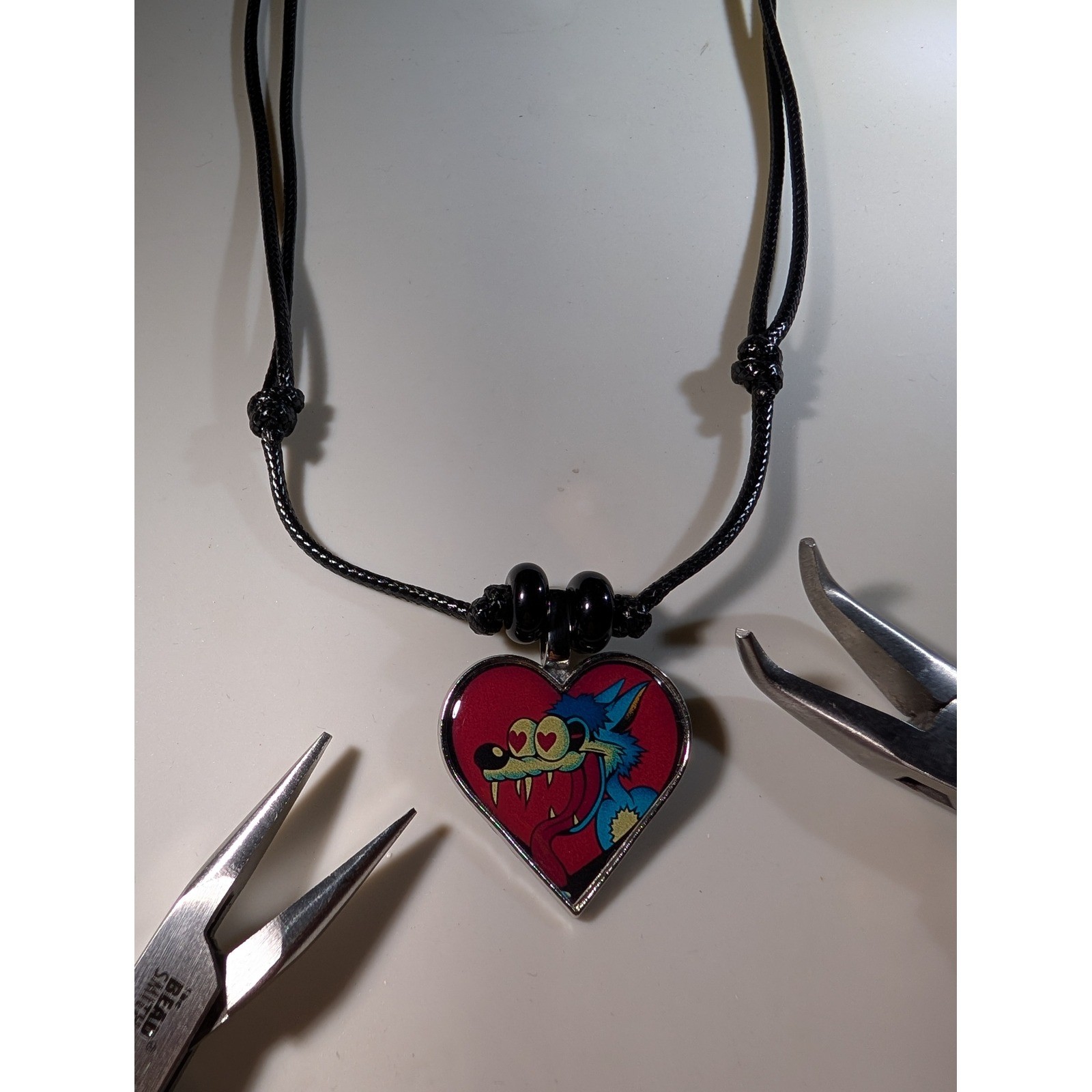 Custom Repurposed Wolf Heart Enamel Pin Necklace Adjustable Black Cord Pendant