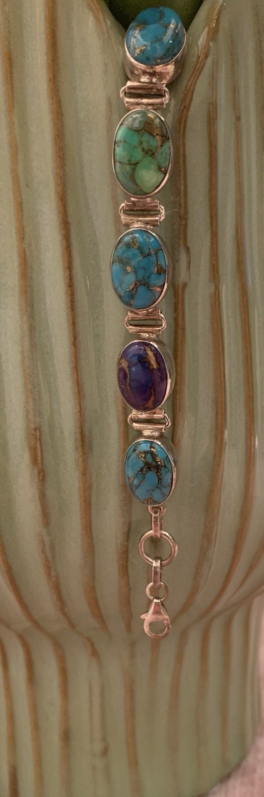 Women Colorful Turquoise Bracelet 925 Sterling Silver Green Blue Purple