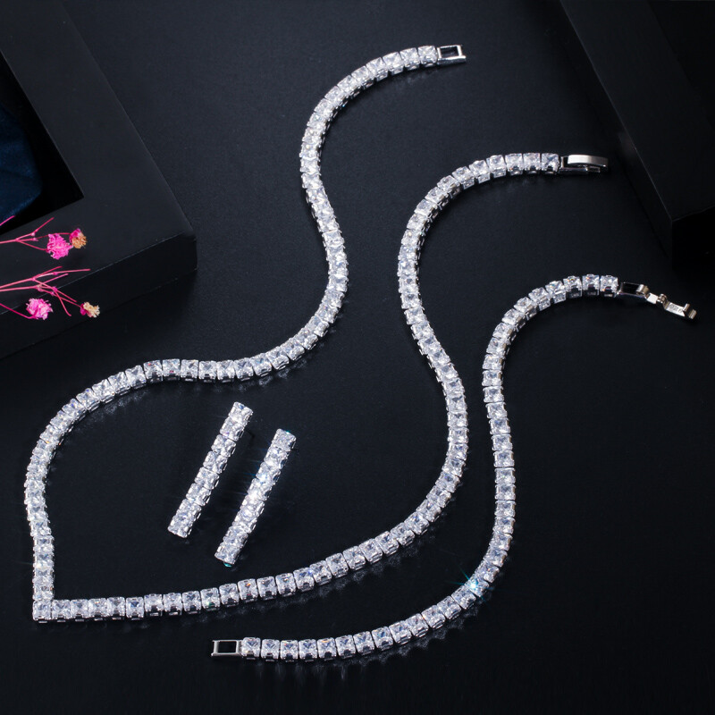 Gorgeous Silver Plated CZ Bridal Square Necklace Earrings Bracelet Jewelry Set