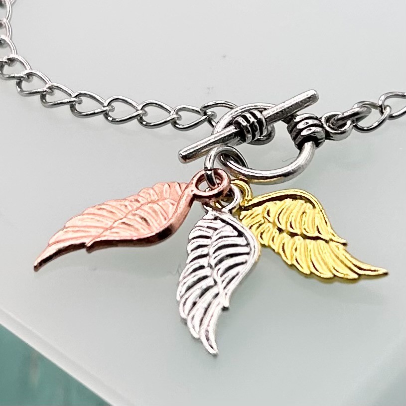 Mini Angel Wing Triple Pendant T-Bar Bracelet (Silver Chain) New Handmade