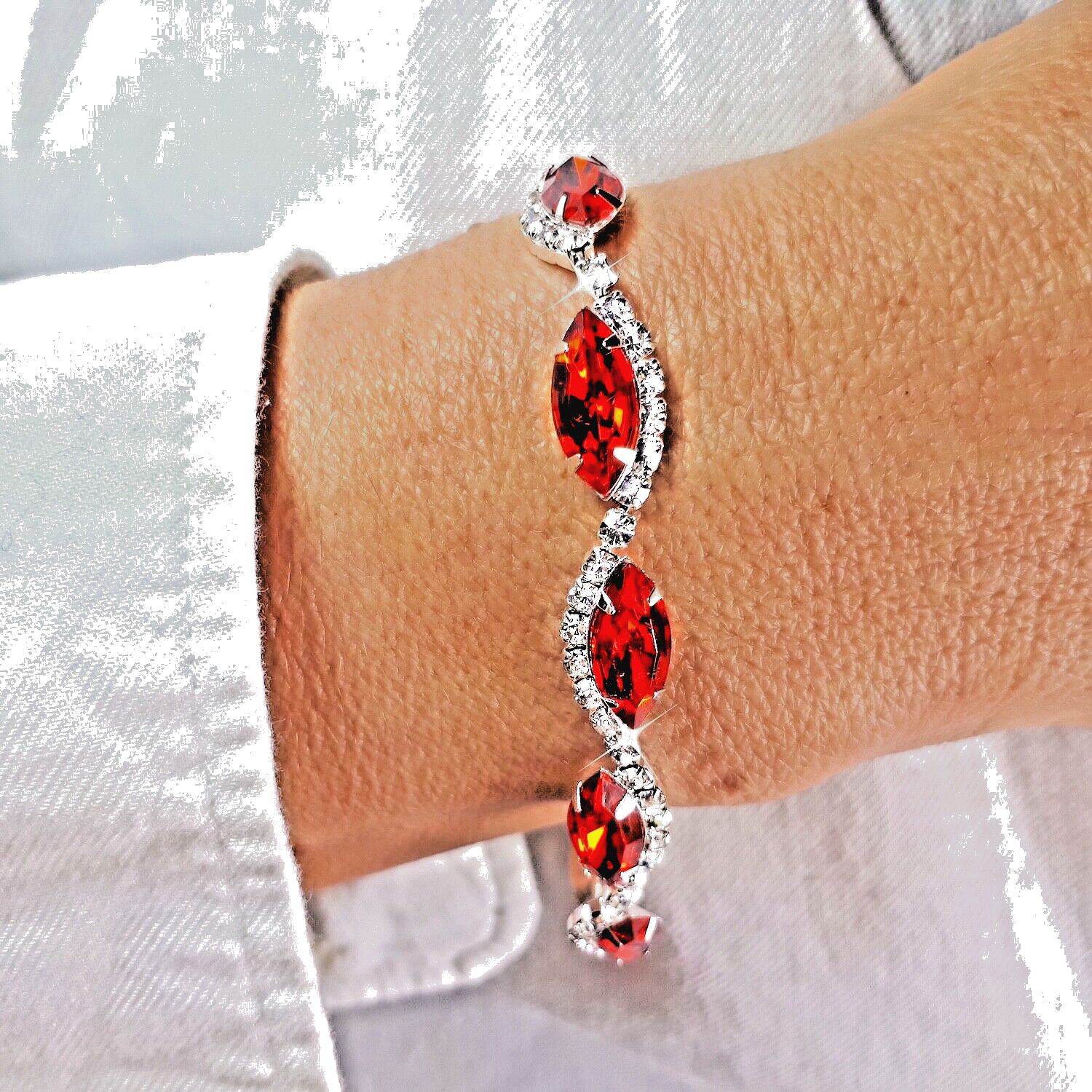 Silver Red Cubic Zirconia Diamante Crystal Tennis Bracelet Bangle Bridal Gift UK