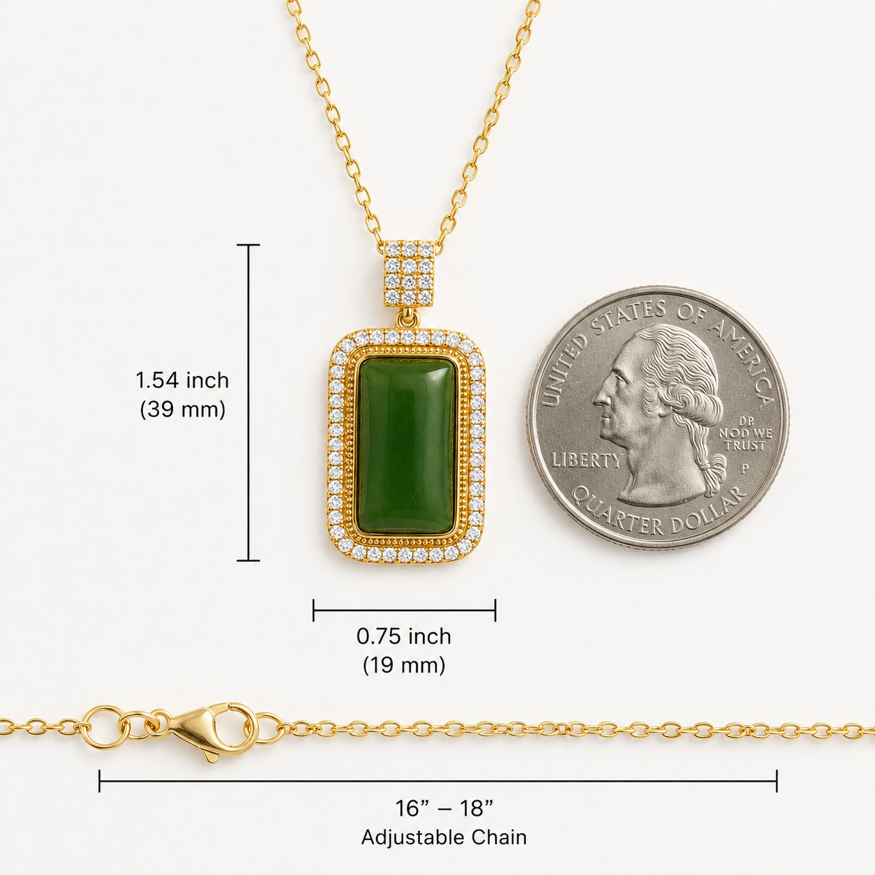 NEW 18K Gold Plated Green Jade Pendant Necklace Crystal Charm Jewelry