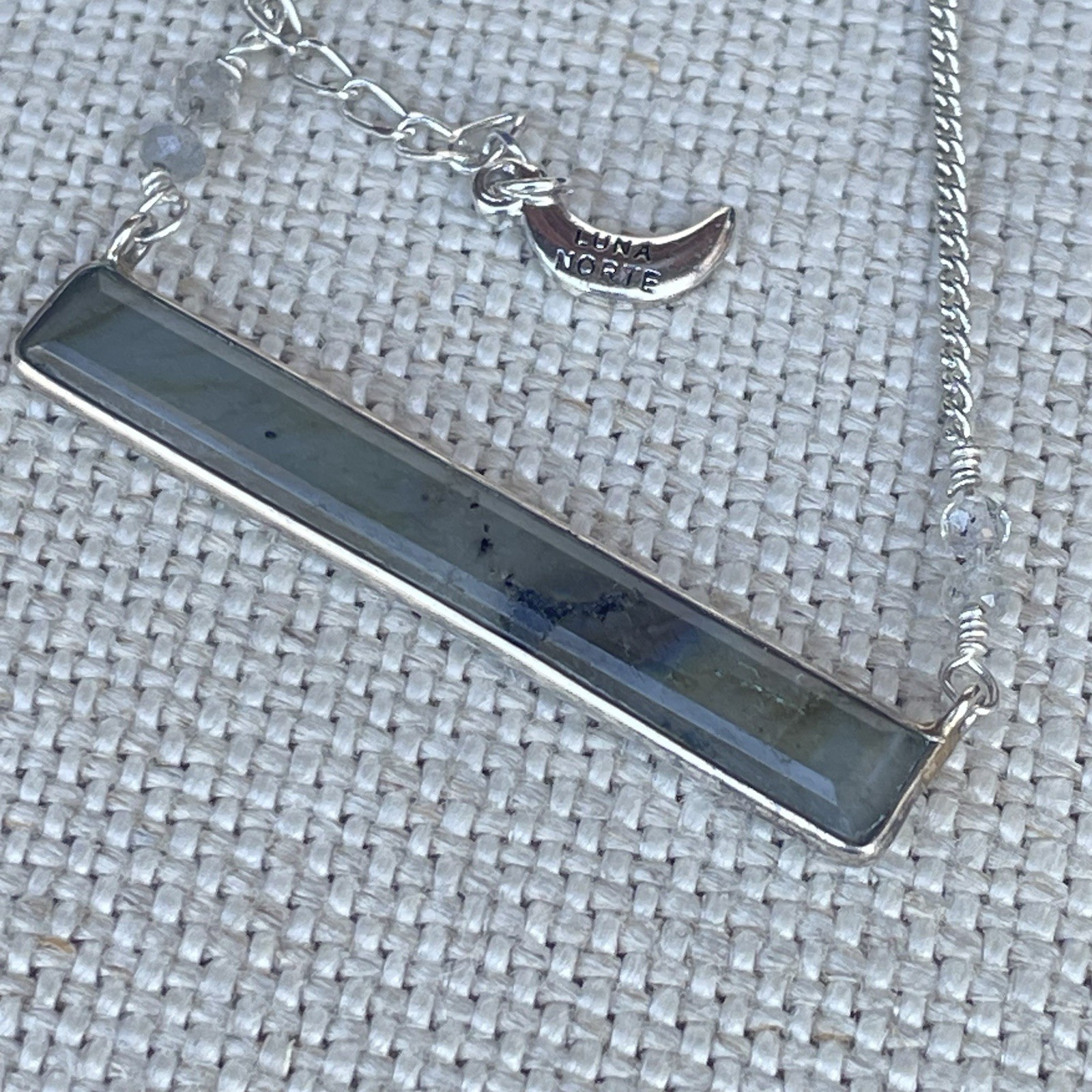 Luna Norte Sterling Silver Labradorite Gemstone Bar Necklace Crescent Moon Charm