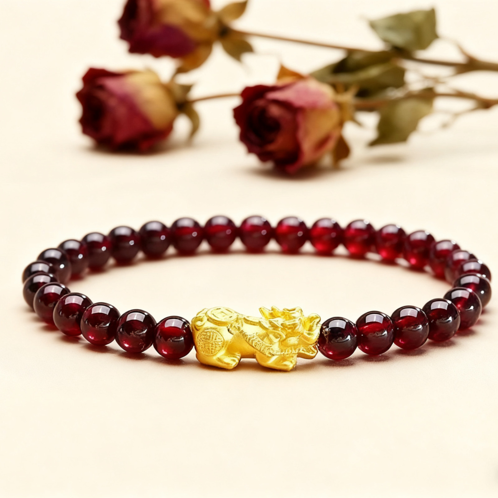 Natural Garnet Beads Pixiu Charm Healing Wealth Luck Attract Women Bracelet Gift