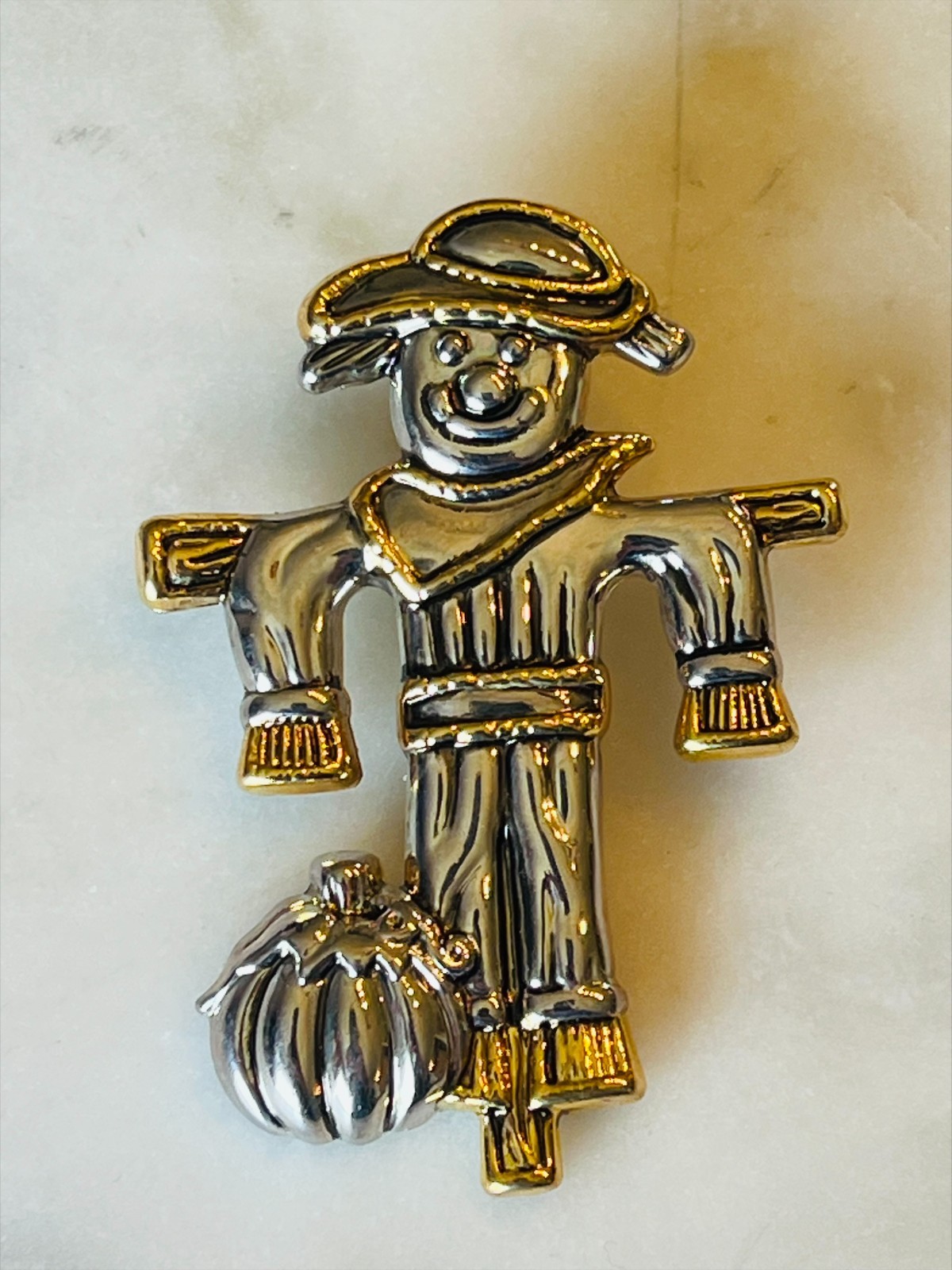 Vintage “Best” Scarecrow Pumpkin Brooch Gold & Silver Tone Fall Harvest Pin