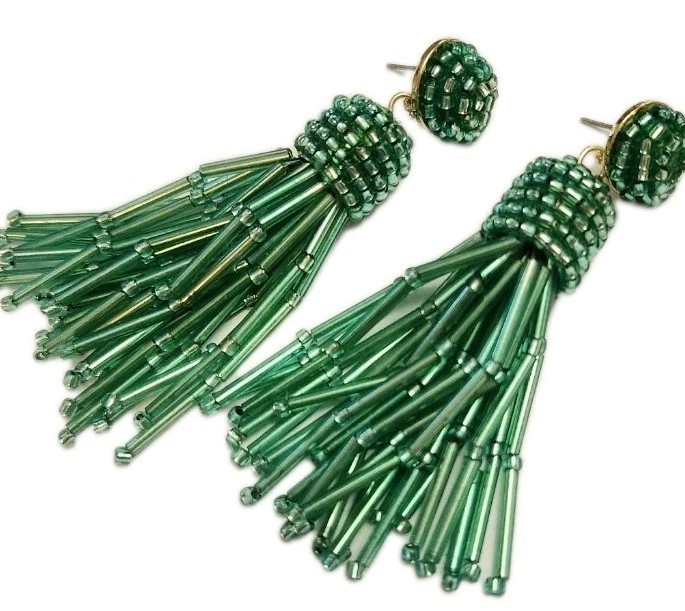 Chandelier Tassel Earrings Green Long Tube Beads Multi Fringe Pierced Trend NEW
