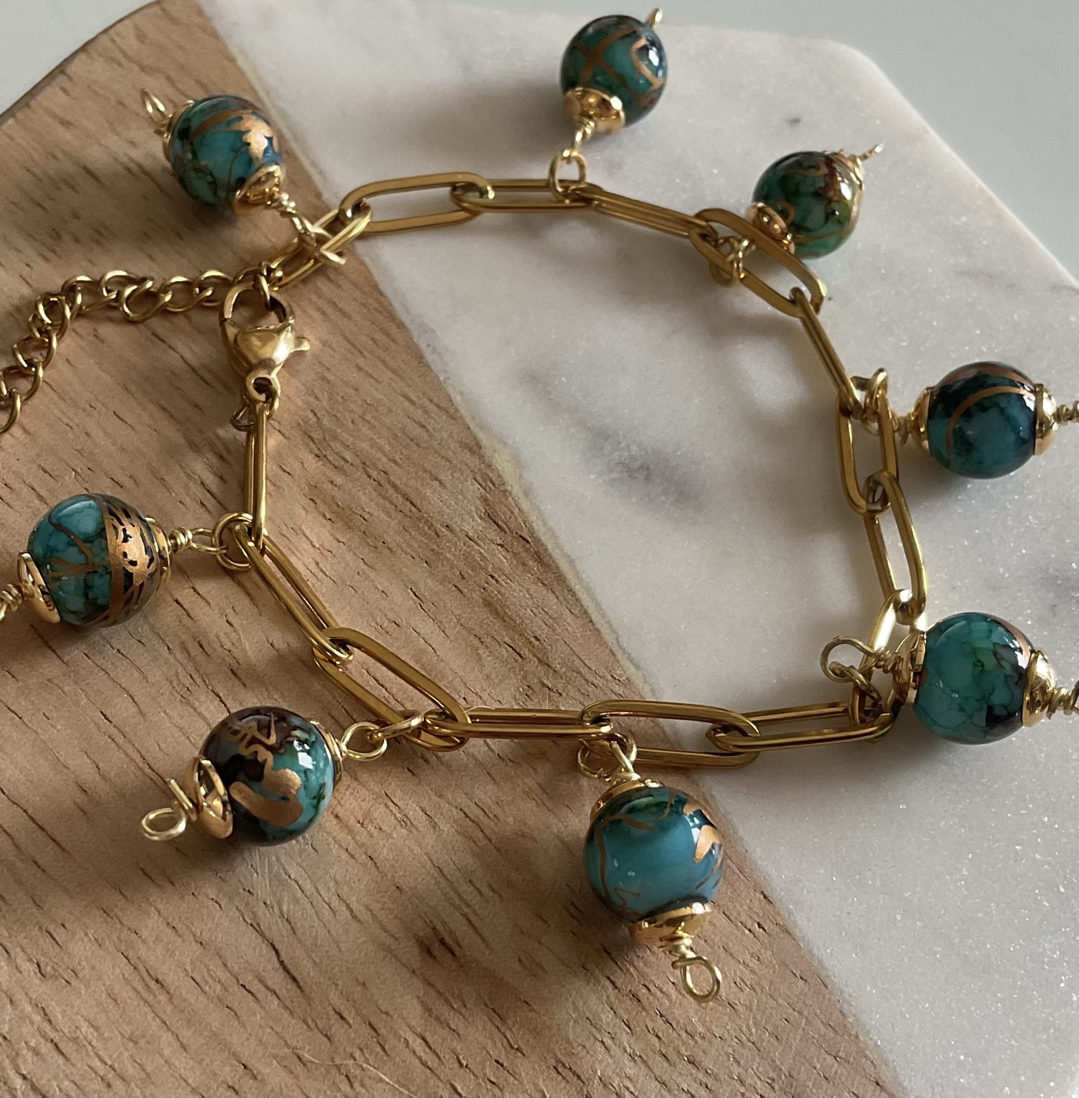 Gold Paperclip Chain Bracelet Turquoise Murano Glass Bead Charms