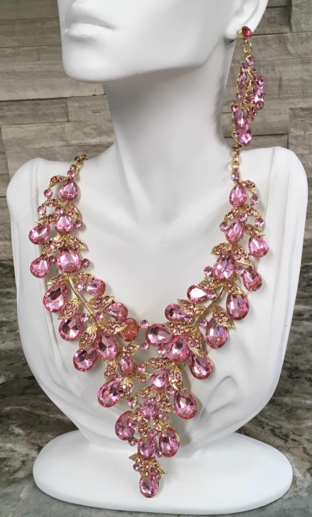 Waterfall Necklace Set Pink crystal Rhinestone Bib cluster Statement Earrings vt