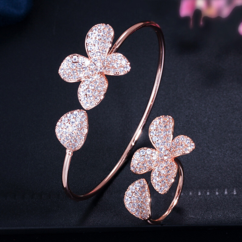 Rose Gold Plated Flower Cuff Bangle Bracelet and Ring Women CZ Party Jewelry Set