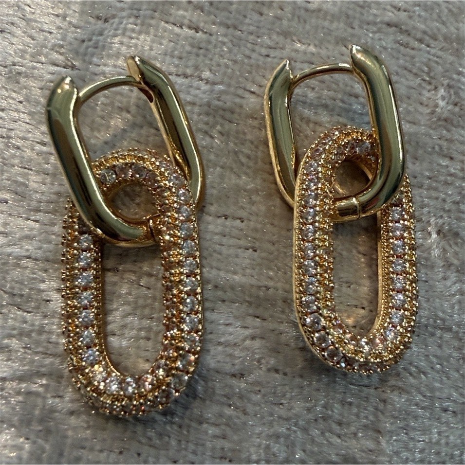 LOVE AERO Gold Tone Pavé Crystal Oval Link Dangle Drop Leverback Earrings