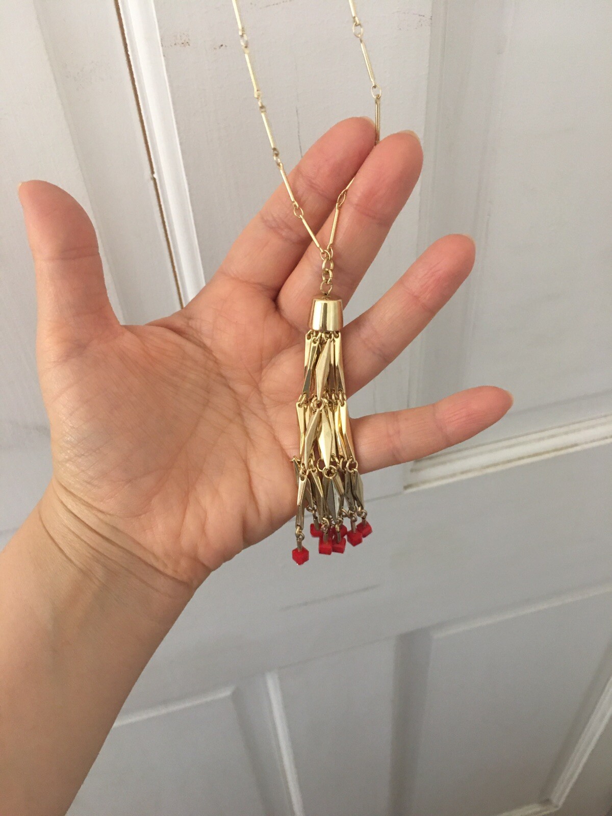 Long Statement Tassle Necklace – Goldtone, Beaded