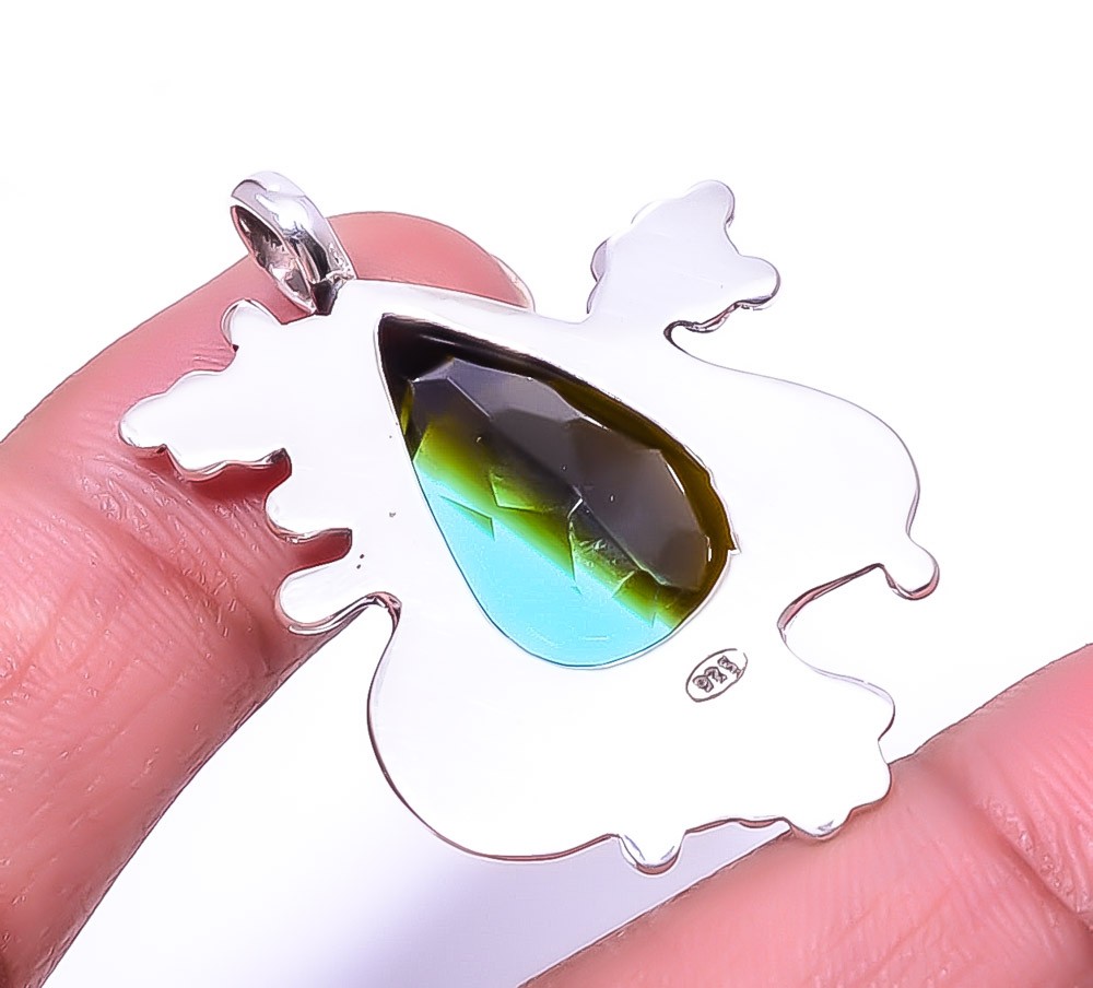 Bi-Colour Tourmaline Oxidised Designer 925 Sterling Silver Pendant 1.56″ P70