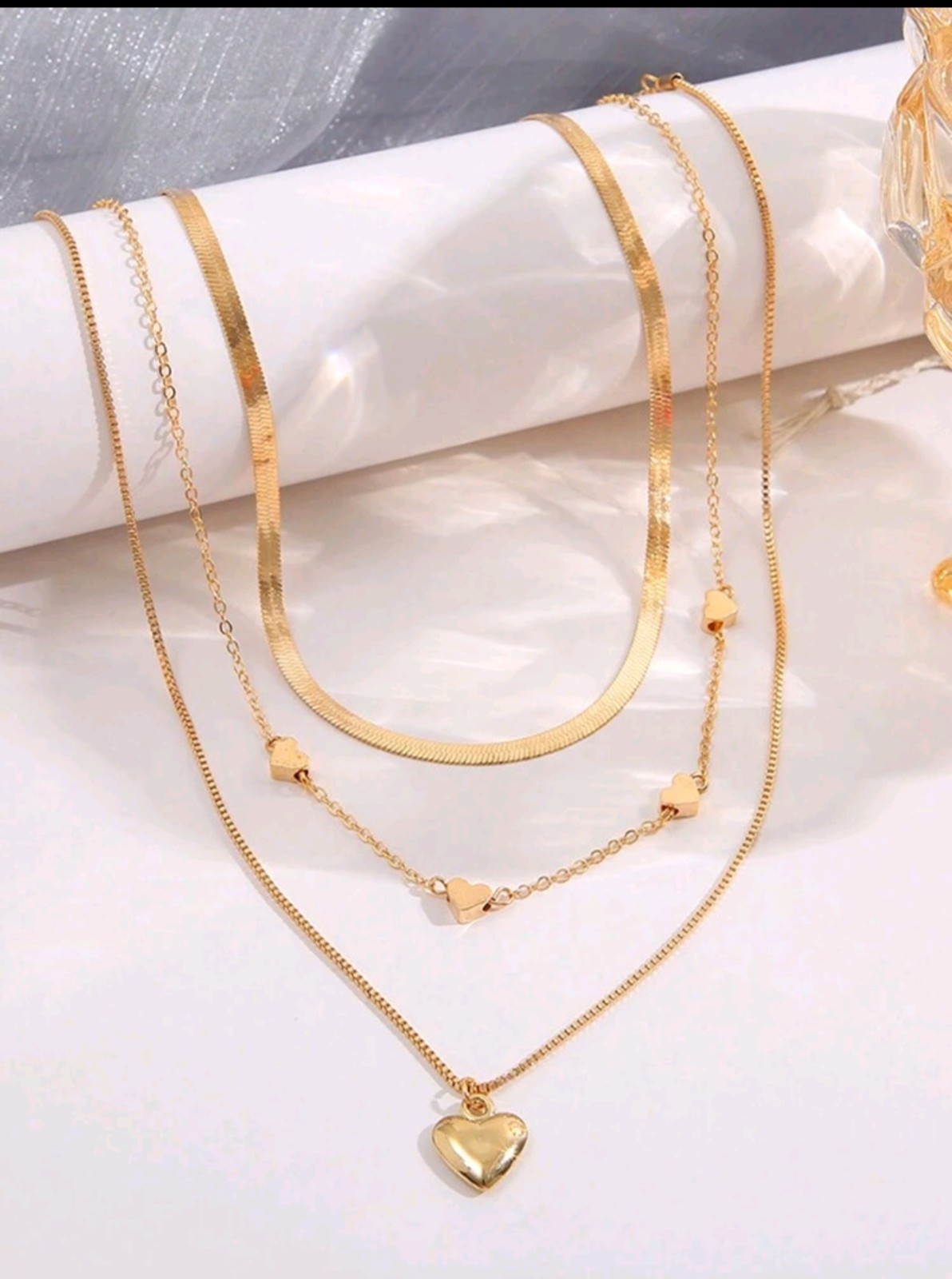 Women’s Gold Plated Heart Pendant Multi- Layered Necklace 3pc Detachable