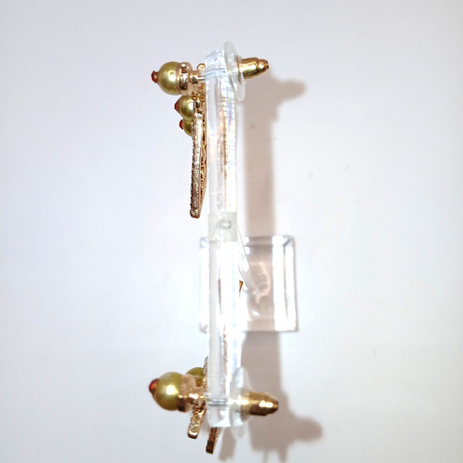 Betsey Johnson Martini Rhinestone & Pearl Pierced Earrings Dangle 2.25 inches