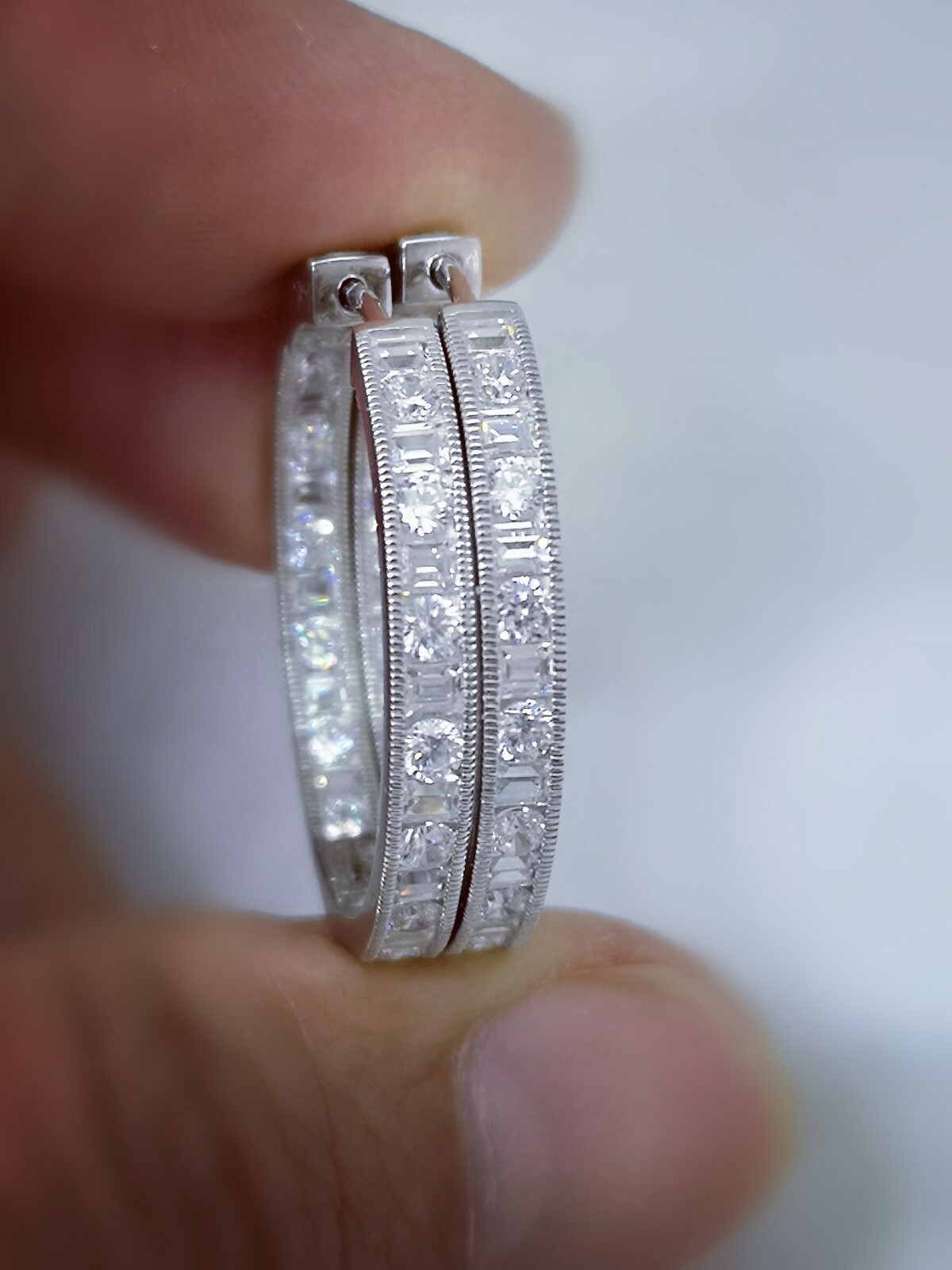 3 Ct Hoop Earrings Simulated Diamond 14K White Gold plated Silver Secure Lock