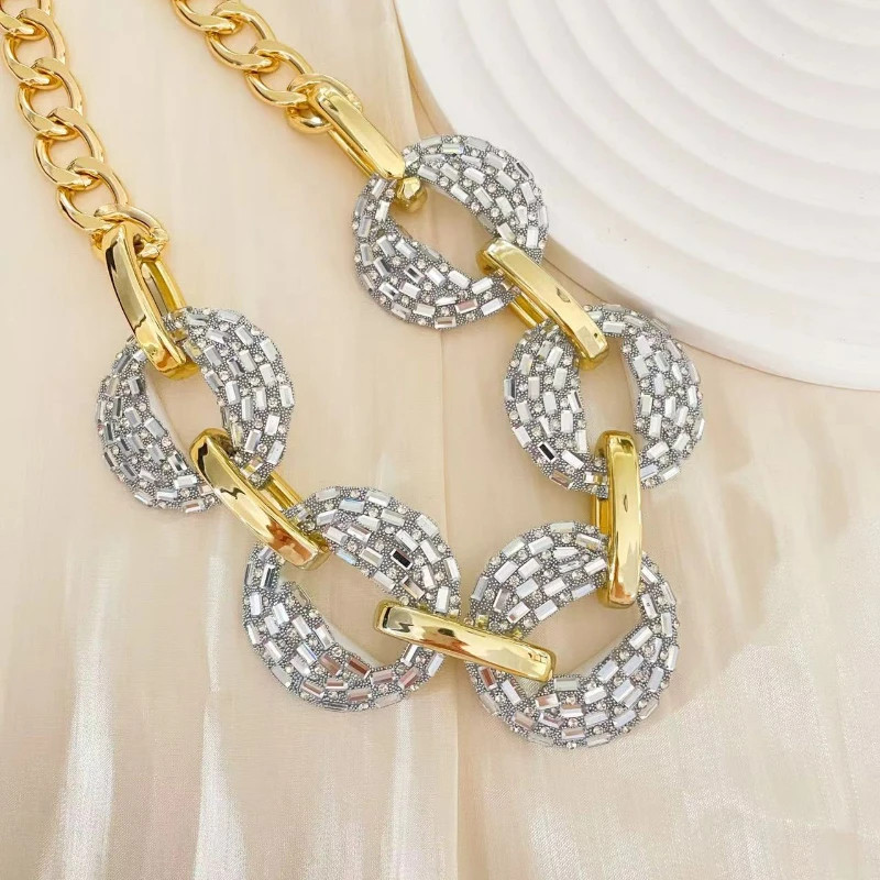 Fashion Exaggeration Punk Hip Hop Colorful Rhinestone Chain Geometry Necklace Go