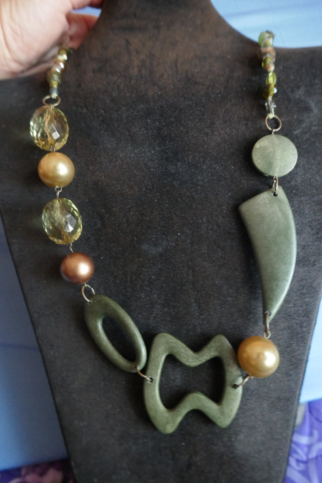 40″ Long Necklace Green Copper Gold Large Abstract Shapes Acrylic & Glass Beads