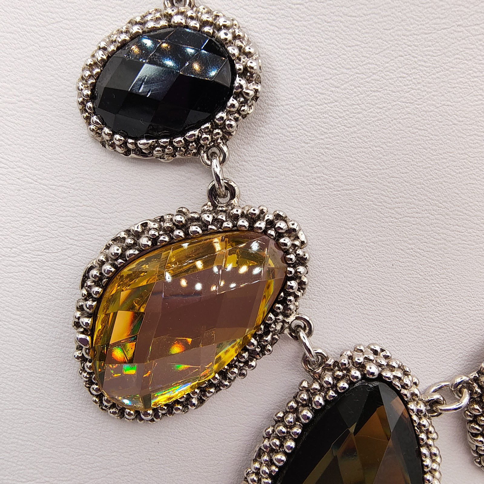 Y2K Retro Glam Statement Necklace Silver Tone Acrylic Rhinestone Boho Chic
