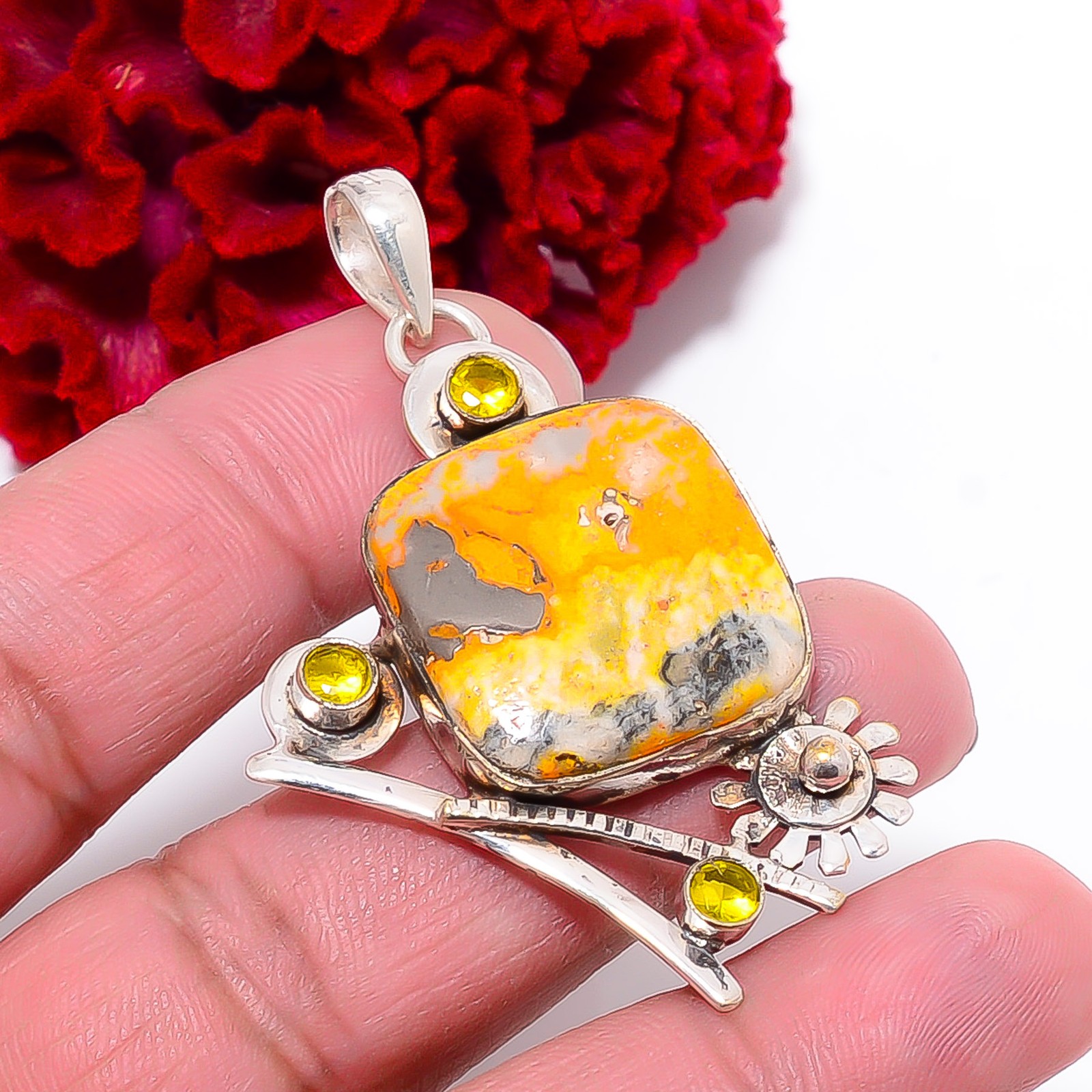 Bumble Bee Jasper – Indonesia & Citrine 925 Silver Pendant 2.26″ P1017997125