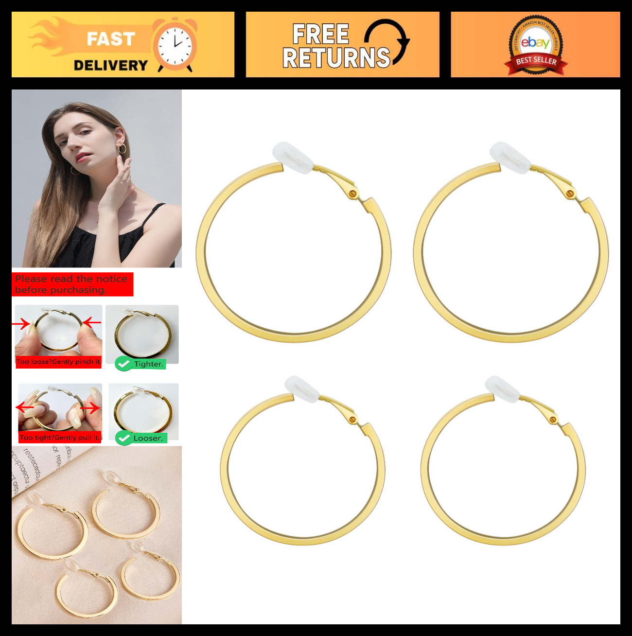 Trendy 14K Gold Clip-On Hoop Earrings for Women, Large Lightweight Non-Pierced E