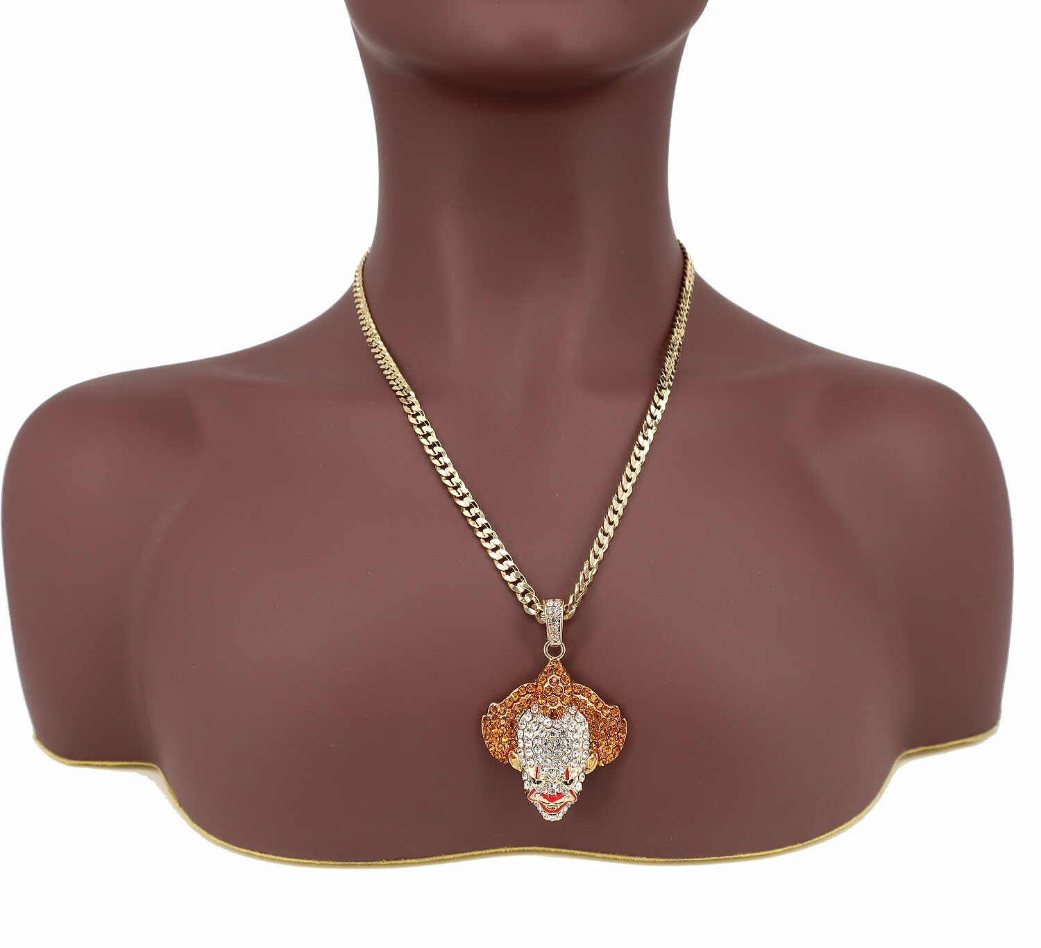 Hip Hop Iced Crazy Clown Pendant & 6mm Concave Cuban Link Chain 14K Gold Plated